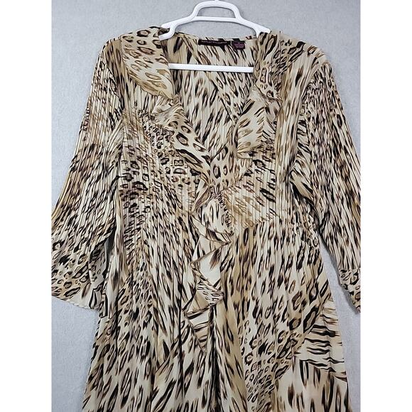 Hayley Matthews Tan Leopard Print LS Ruffled Pleated Mini Dress Tunic Plus 2X - Picture 2 of 13